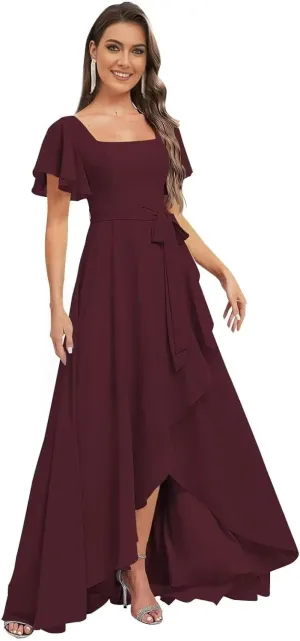 GATMAHE Women's Flutter Sleeves Bridesmaid Dresses for Women Asymmetrical Chiffon Square Neck A Line Formal Dress