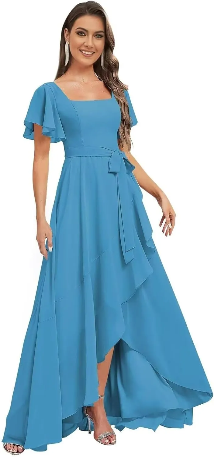 GATMAHE Women's Flutter Sleeves Bridesmaid Dresses for Women Asymmetrical Chiffon Square Neck A Line Formal Dress