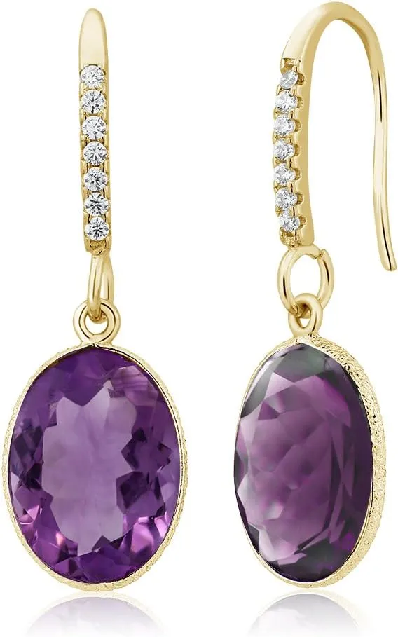 Gem Stone King 10.00 Ct Purple Amethyst 14x10mm Oval 18K Yellow Gold Plated Silver Dangle Earrings