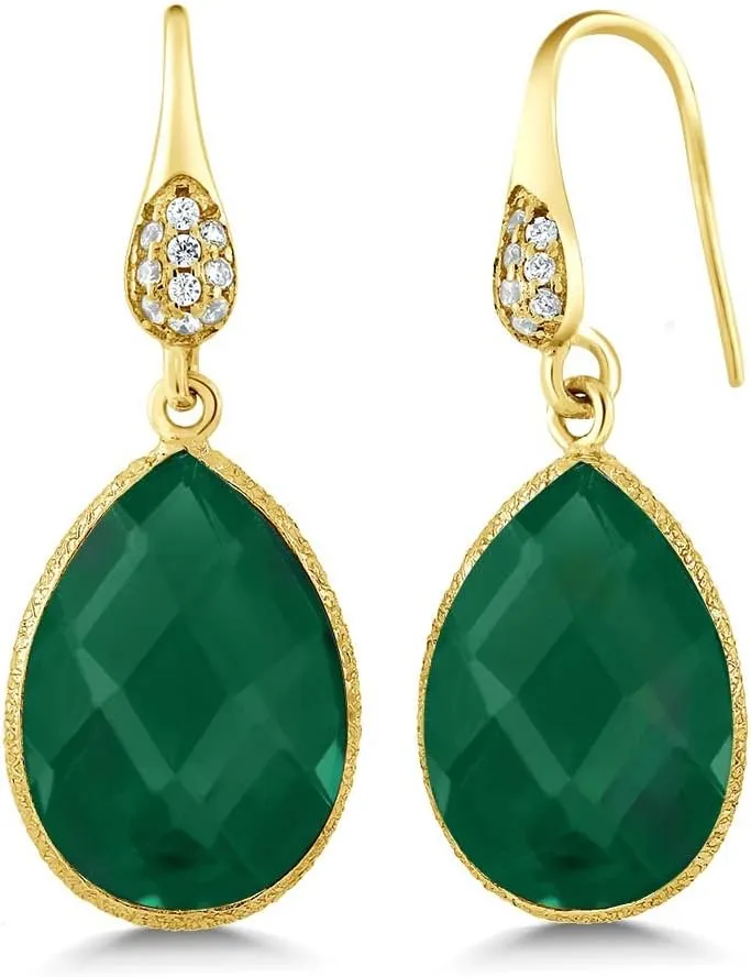 Gem Stone King 13.00 Ct Green Onyx Pear Shape 18K Yellow Gold Plated Silver Dangle Earrings