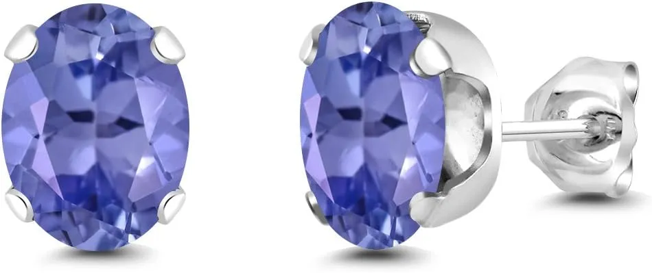 Gem Stone King 14K White Gold Blue Tanzanite Stud Earrings For Women Men | 2.32 Cttw | Gemstone Birthstone | Oval 8X6MM