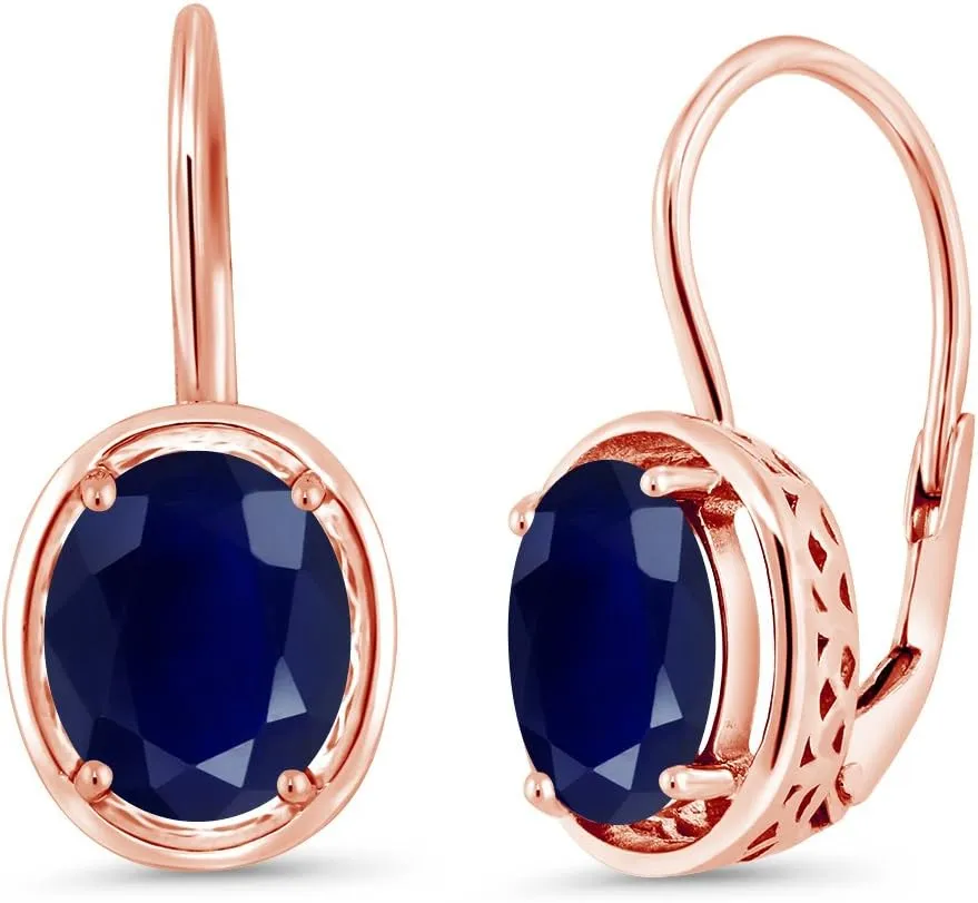 Gem Stone King 18K Rose Gold Plated Silver Blue Sapphire Dangle Earrings For Women (5.00 Cttw, Oval 9X7MM)