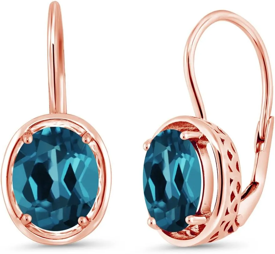 Gem Stone King 18K Rose Gold Plated Silver London Blue Topaz Dangle Earrings For Women (3.60 Cttw, Gemstone Birthstone, Oval 9X7MM)