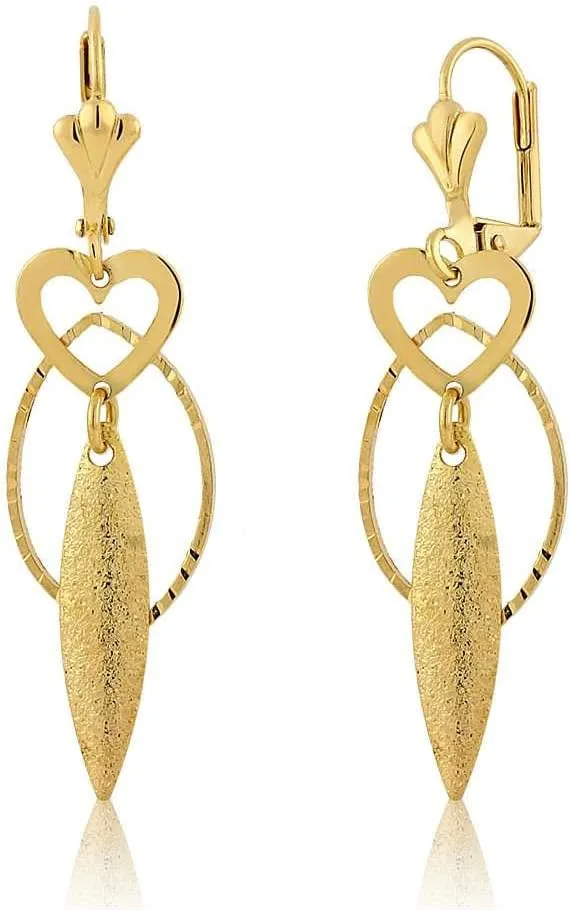 Gem Stone King 2 Inch Dangling Heart and Oval Gold Plated Brass Earrings