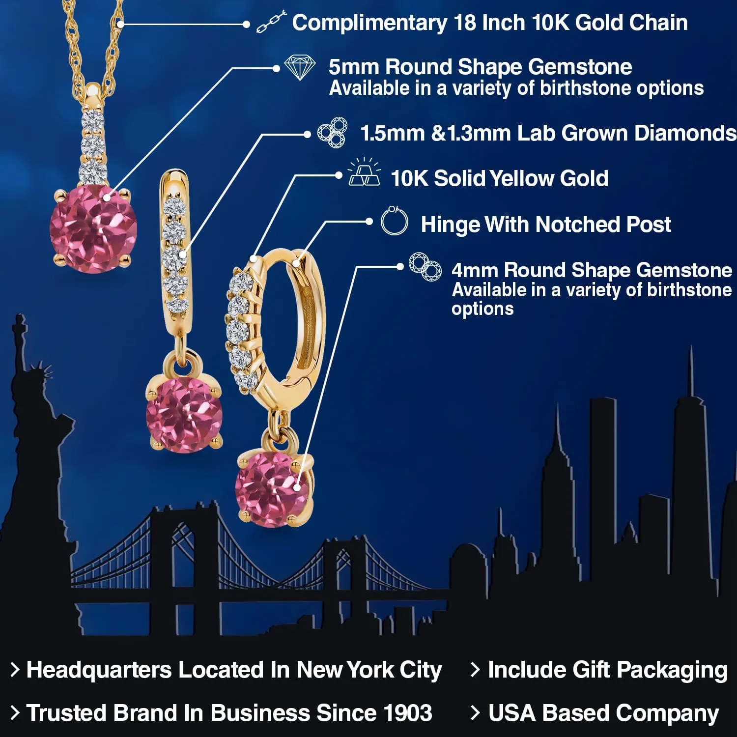 Gem Stone King 5MM Round Gem Stone Birthstone and 4MM Lab Grown Diamond 10K Yellow Gold Pendant with Chain Earrings Set
