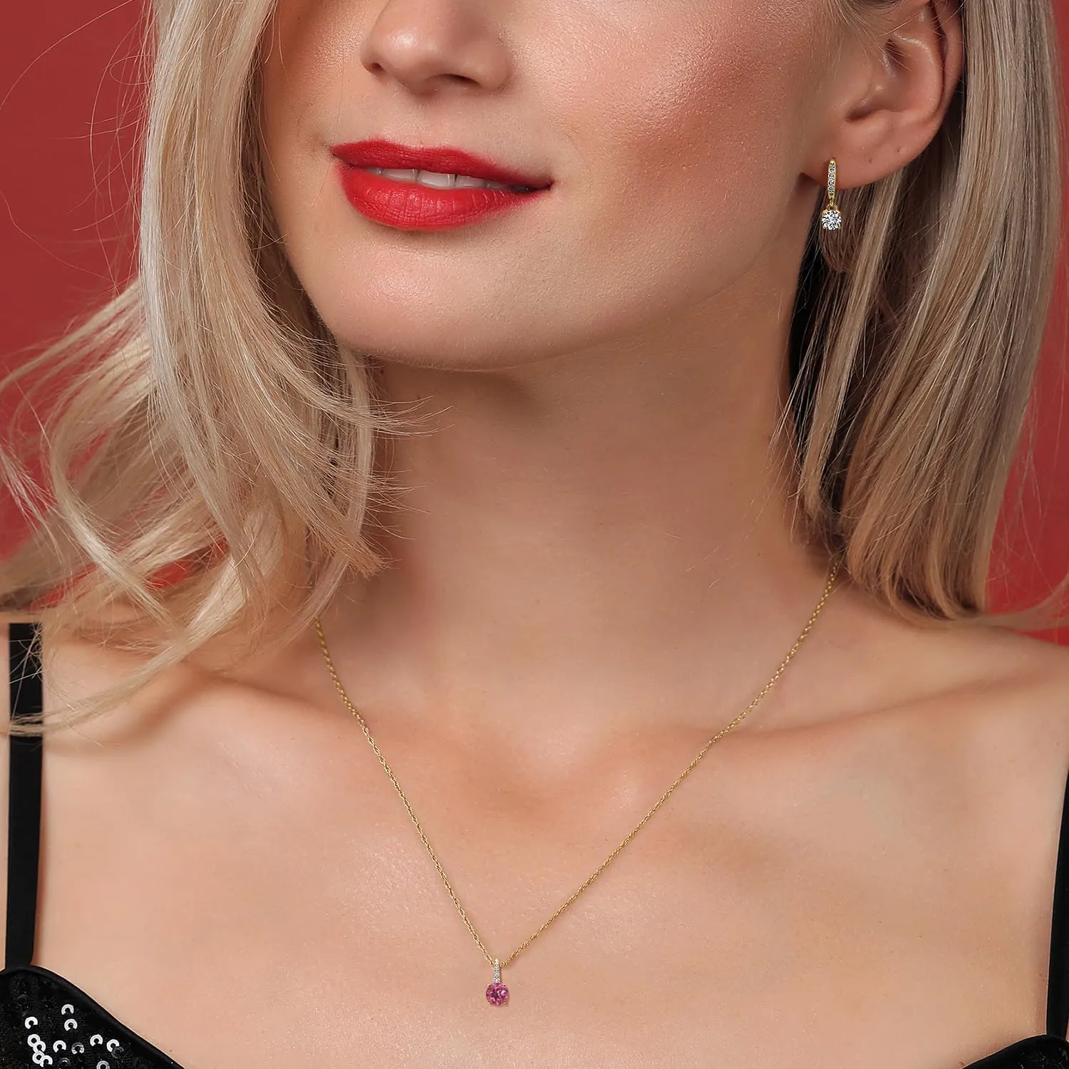 Gem Stone King 5MM Round Gem Stone Birthstone and 4MM Lab Grown Diamond 10K Yellow Gold Pendant with Chain Earrings Set