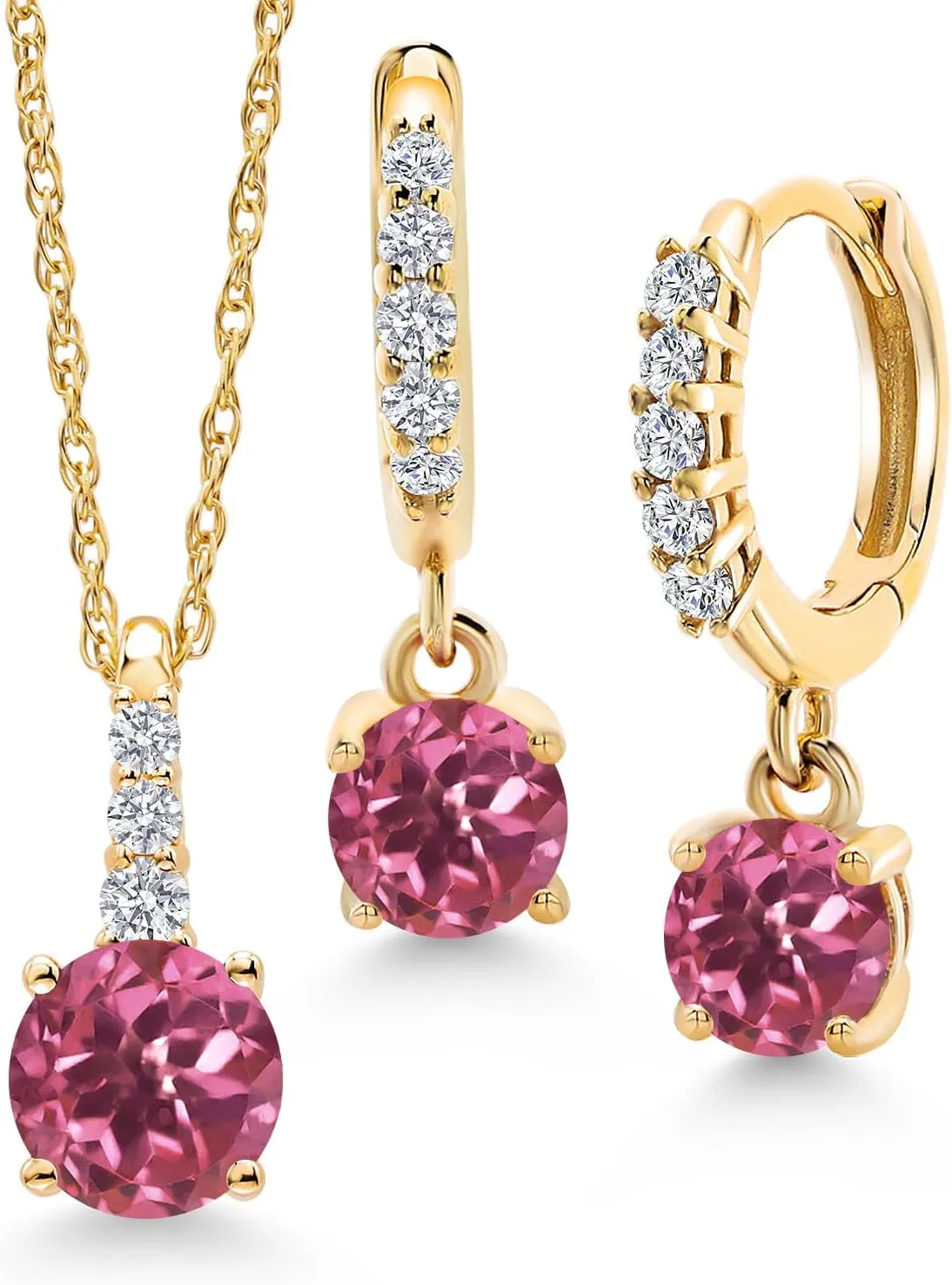 Gem Stone King 5MM Round Gem Stone Birthstone and 4MM Lab Grown Diamond 10K Yellow Gold Pendant with Chain Earrings Set