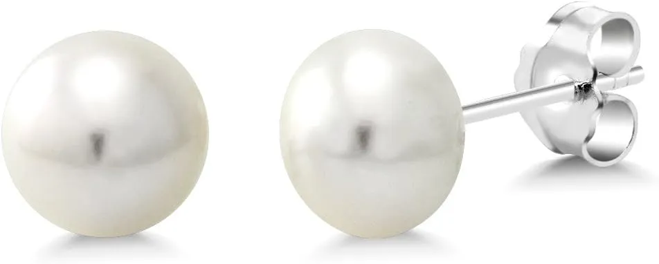 Gem Stone King 925 Sterling Silver White Button Cultured Freshwater Pearl 7MM-7.5MM Stud Earrings
