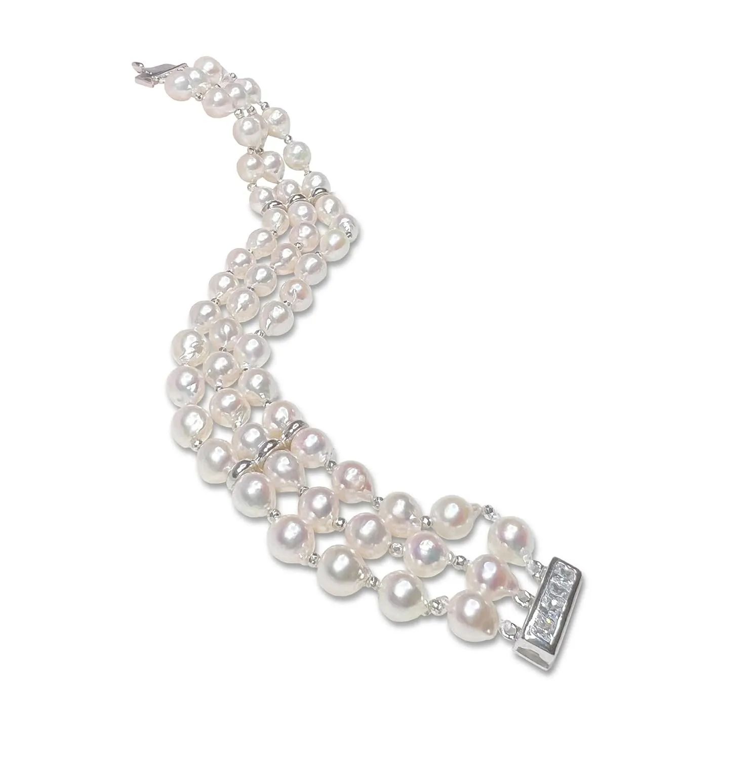 Genuine Akoya Cultured Pearls Bangle, Top Luster Japanese Akoya Pearls And Sterling Silver 3 Rows Bracelet, Baroque South Sea Pearl Bracelet (7, Art deco)