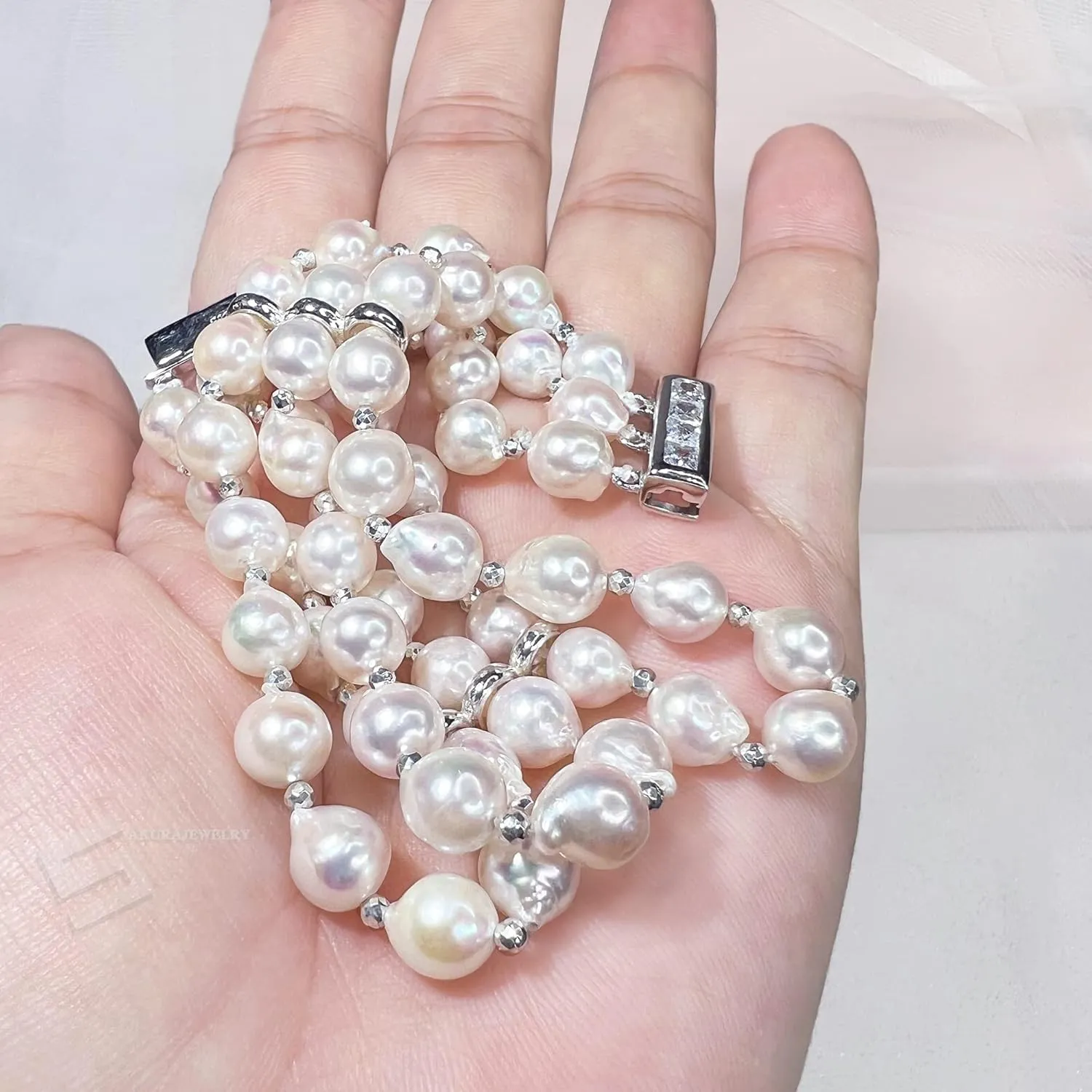 Genuine Akoya Cultured Pearls Bangle, Top Luster Japanese Akoya Pearls And Sterling Silver 3 Rows Bracelet, Baroque South Sea Pearl Bracelet (7, Art deco)