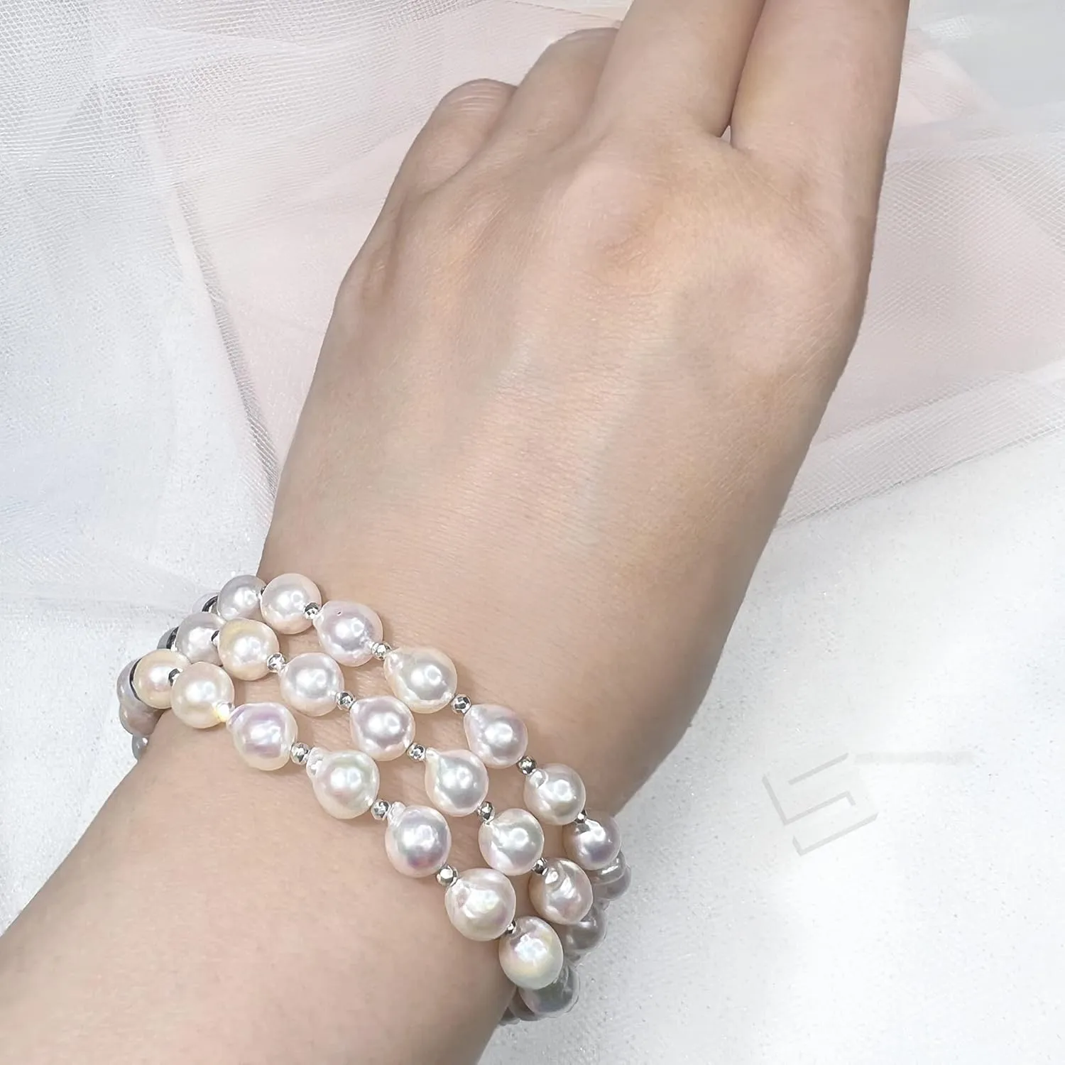 Genuine Akoya Cultured Pearls Bangle, Top Luster Japanese Akoya Pearls And Sterling Silver 3 Rows Bracelet, Baroque South Sea Pearl Bracelet (7, Art deco)