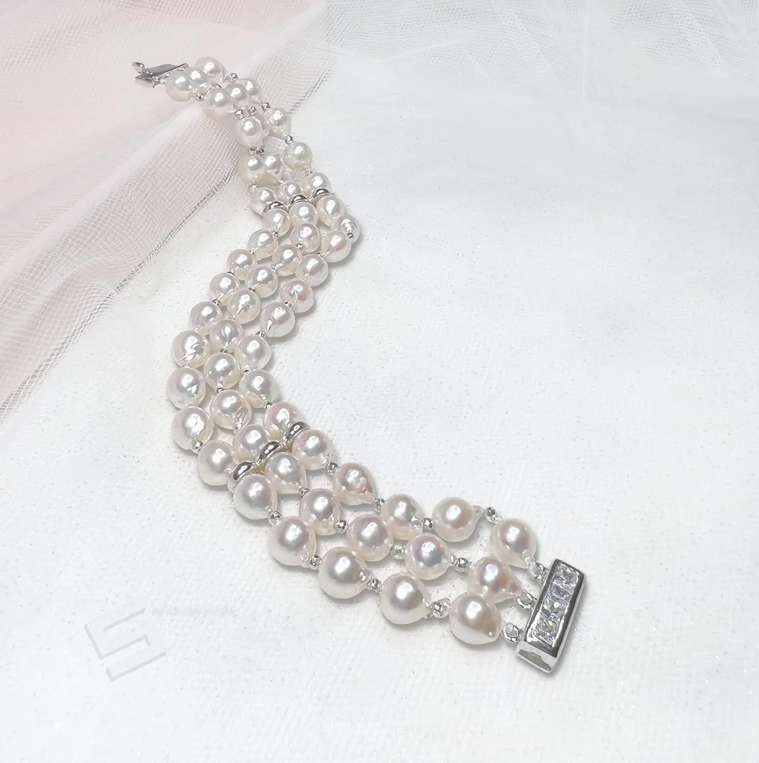 Genuine Akoya Cultured Pearls Bangle, Top Luster Japanese Akoya Pearls And Sterling Silver 3 Rows Bracelet, Baroque South Sea Pearl Bracelet (7, Art deco)