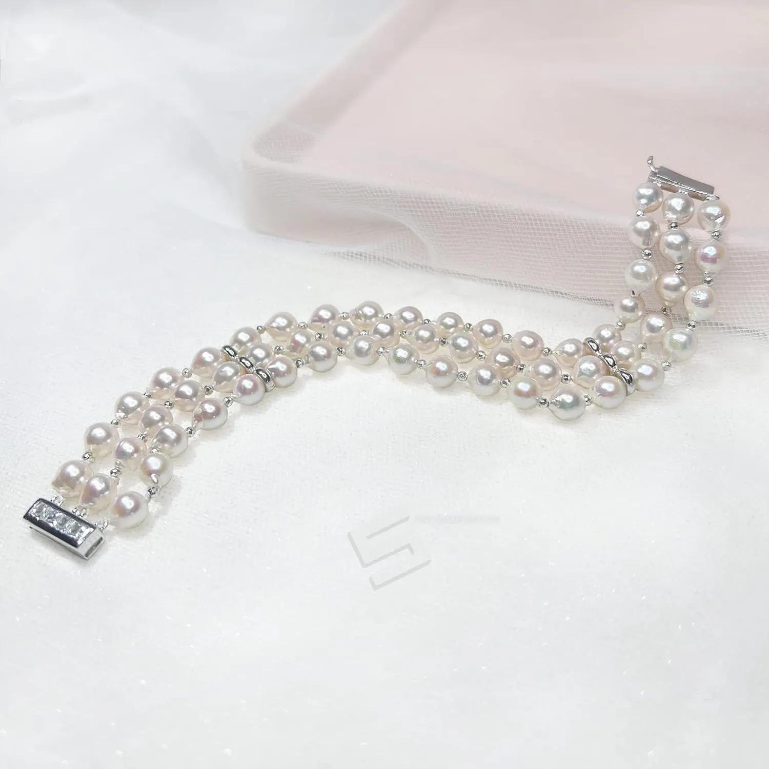 Genuine Akoya Cultured Pearls Bangle, Top Luster Japanese Akoya Pearls And Sterling Silver 3 Rows Bracelet, Baroque South Sea Pearl Bracelet (7, Art deco)