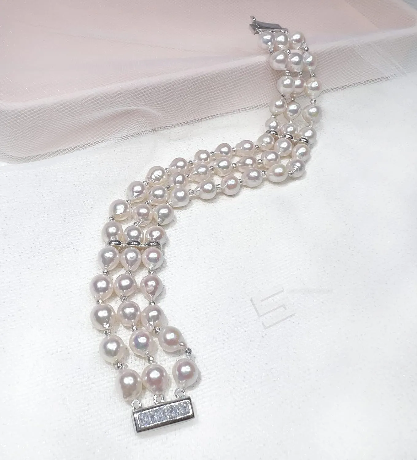 Genuine Akoya Cultured Pearls Bangle, Top Luster Japanese Akoya Pearls And Sterling Silver 3 Rows Bracelet, Baroque South Sea Pearl Bracelet (7, Art deco)