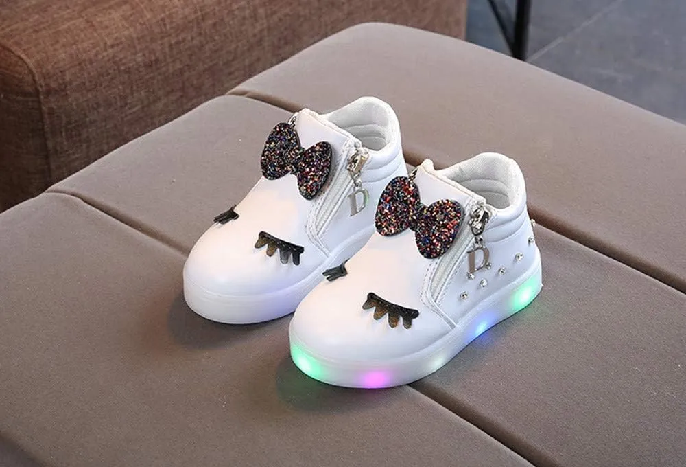 Girls Boots Baby Toddler Fashion Short Booties Cute Bowknot Crystal Boots Shoes Kids Zipper Led Luminous Sneaker