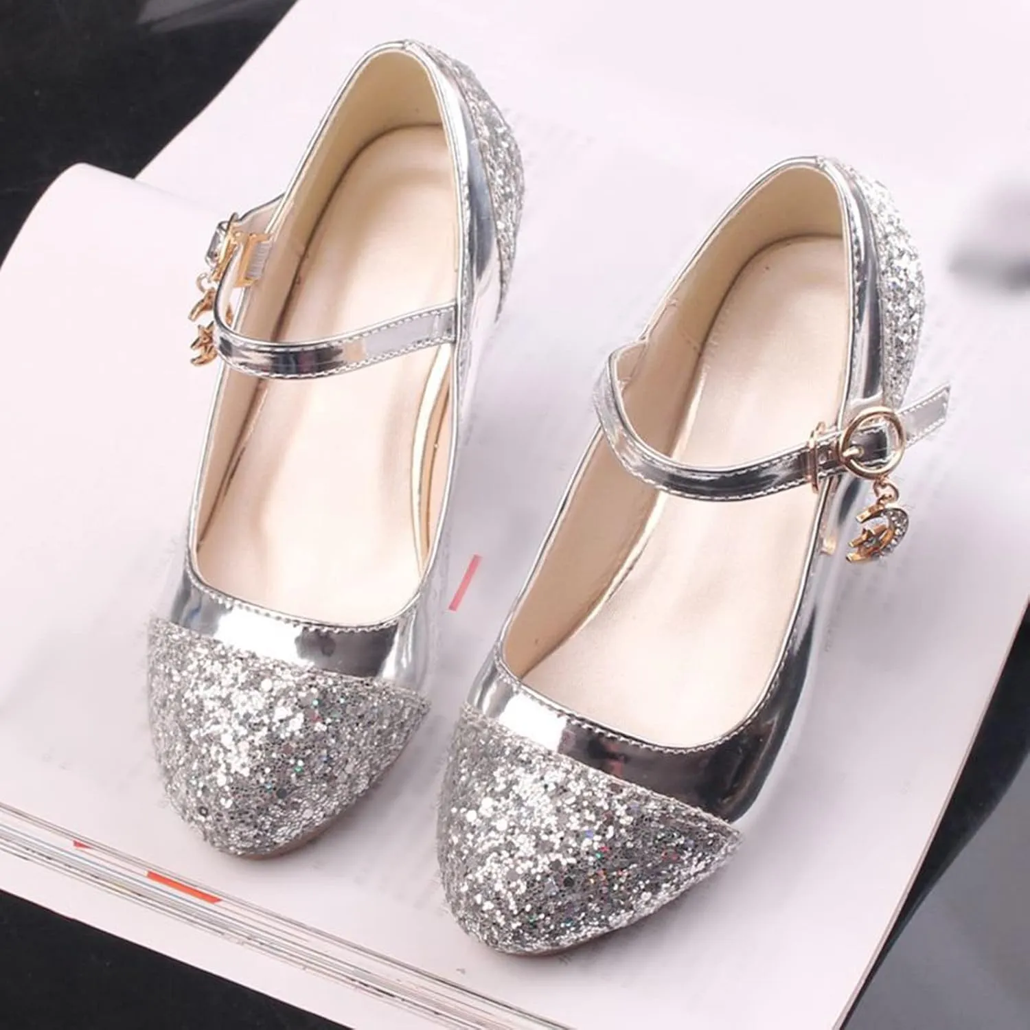 Girls Mary Jane Dress Shoes Rhinestones Sparkle Flower Girl Wedding Low Heels Toddler Girls Pump Shoes