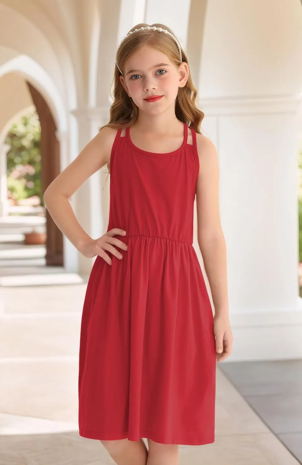 Girls Summer Casual Sleeveless Criss Cross Cami Dress 4th of July American Flag Midi Sundress with Pockets 4-14Y
