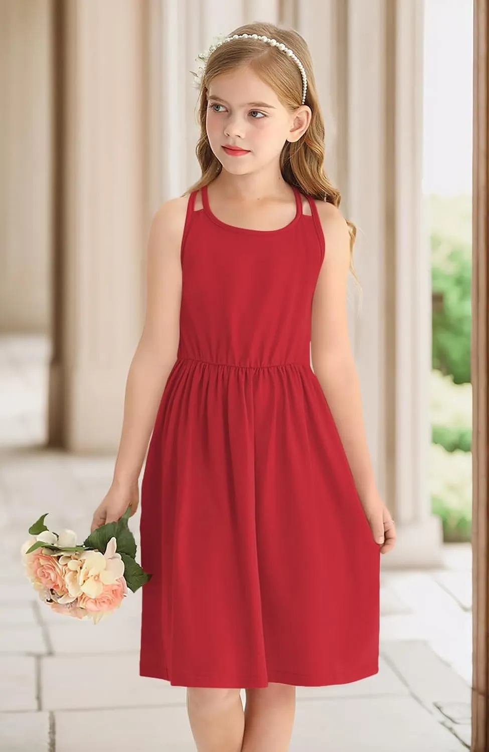 Girls Summer Casual Sleeveless Criss Cross Cami Dress 4th of July American Flag Midi Sundress with Pockets 4-14Y
