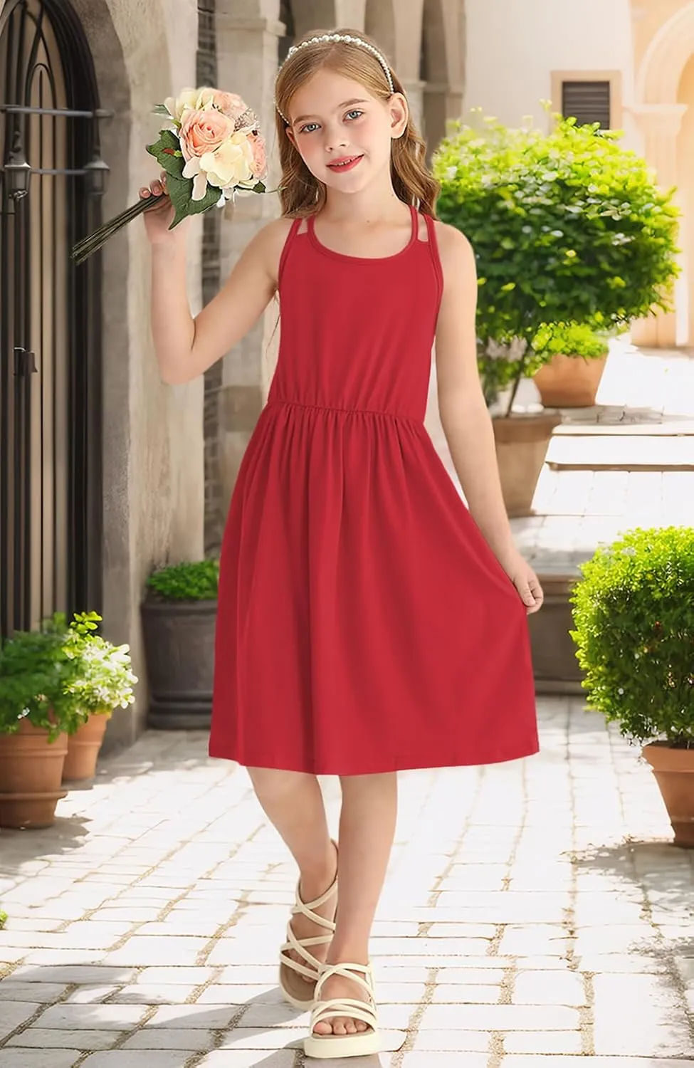 Girls Summer Casual Sleeveless Criss Cross Cami Dress 4th of July American Flag Midi Sundress with Pockets 4-14Y