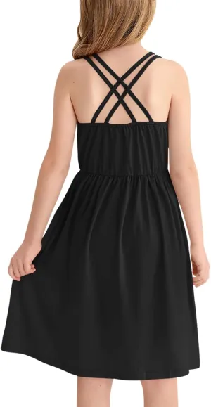 Girls Summer Casual Sleeveless Criss Cross Cami Dress 4th of July American Flag Midi Sundress with Pockets 4-14Y