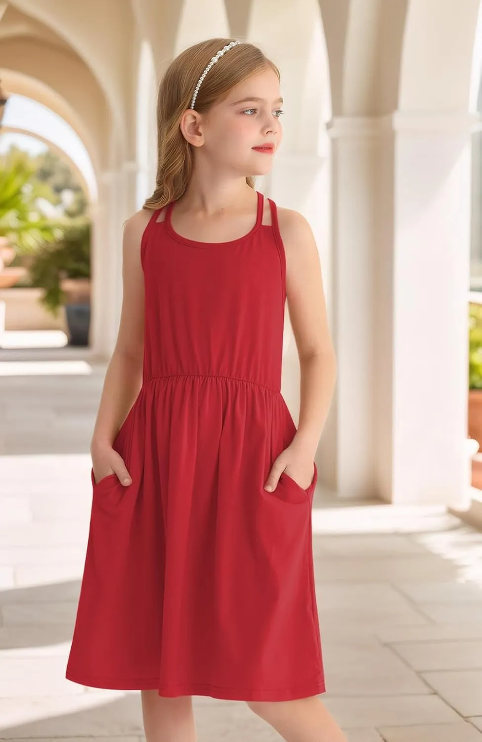 Girls Summer Casual Sleeveless Criss Cross Cami Dress 4th of July American Flag Midi Sundress with Pockets 4-14Y