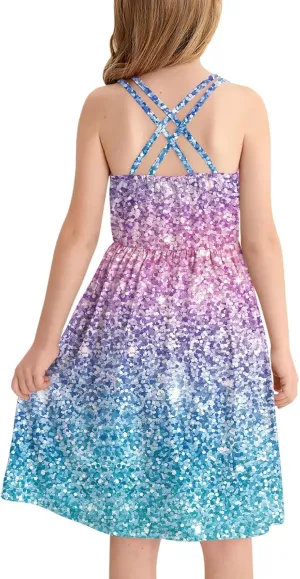 Girls Summer Casual Sleeveless Criss Cross Cami Dress 4th of July American Flag Midi Sundress with Pockets 4-14Y