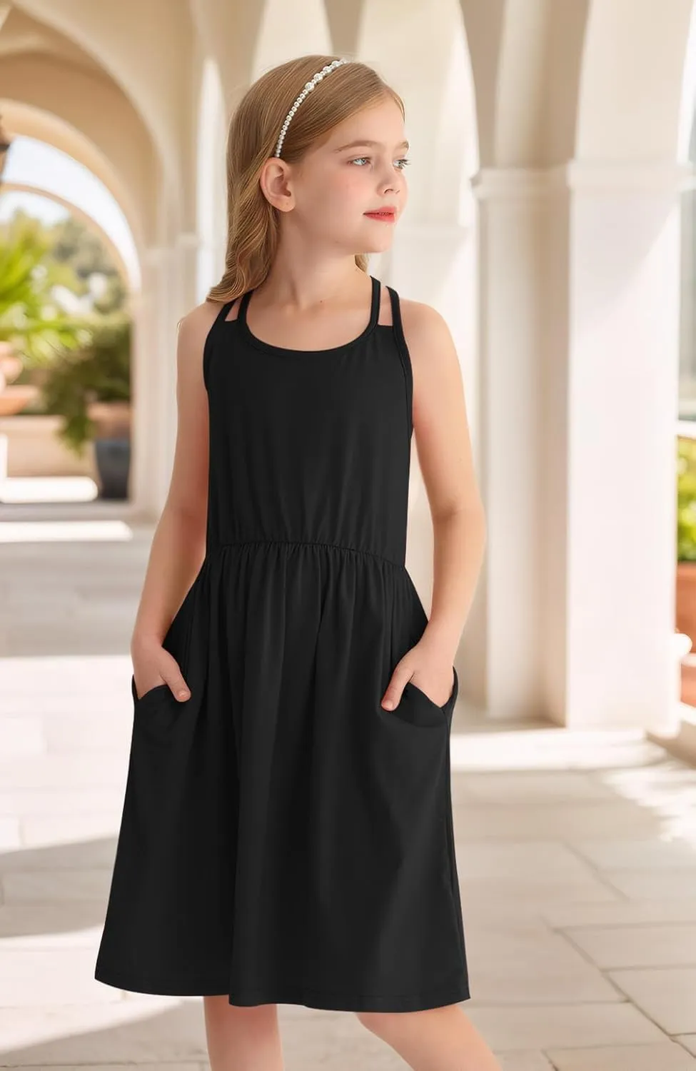 Girls Summer Casual Sleeveless Criss Cross Cami Dress 4th of July American Flag Midi Sundress with Pockets 4-14Y