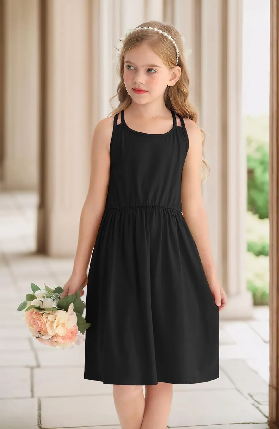 Girls Summer Casual Sleeveless Criss Cross Cami Dress 4th of July American Flag Midi Sundress with Pockets 4-14Y