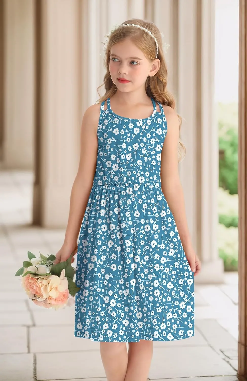 Girls Summer Casual Sleeveless Criss Cross Cami Dress 4th of July American Flag Midi Sundress with Pockets 4-14Y