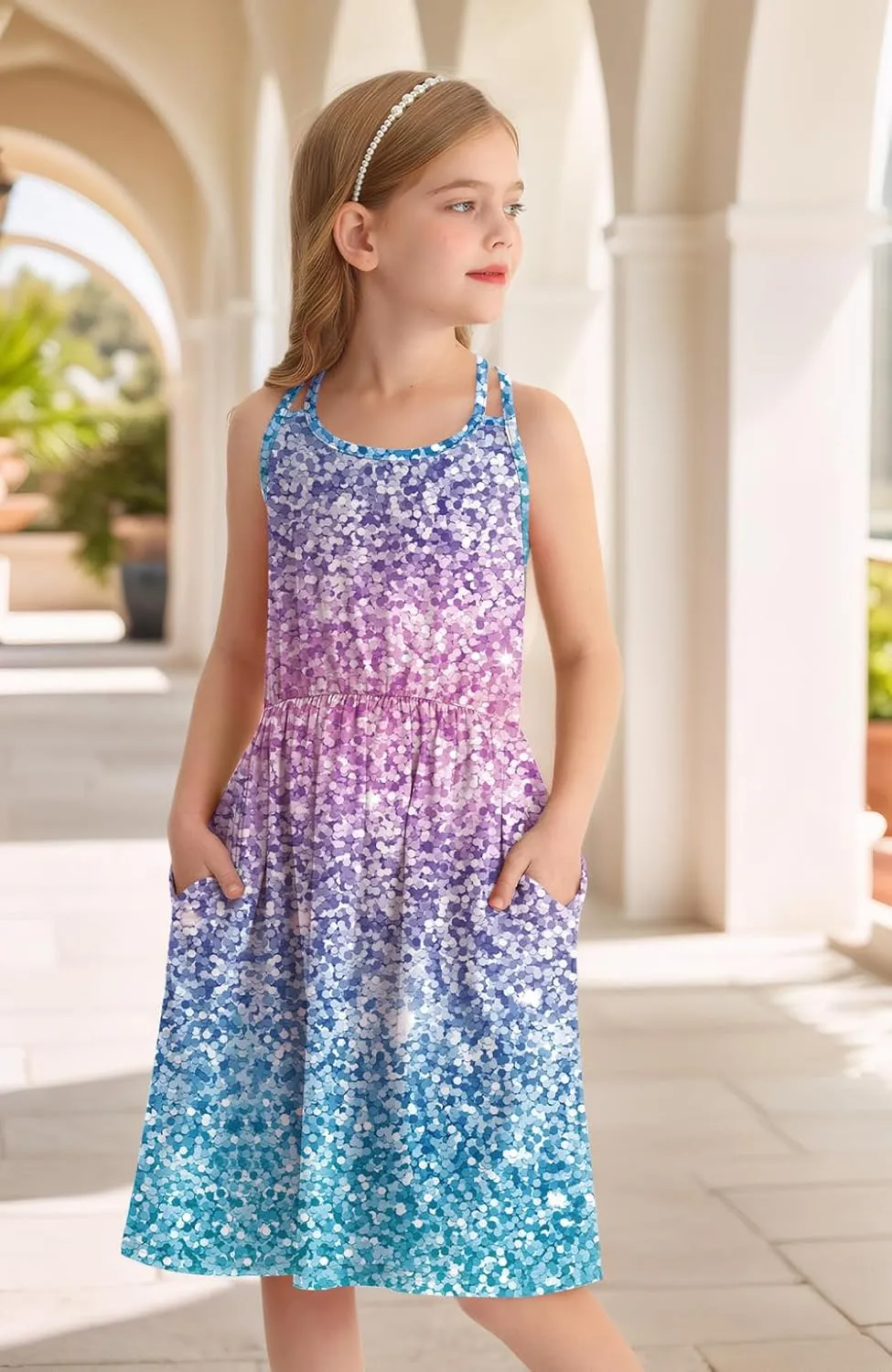 Girls Summer Casual Sleeveless Criss Cross Cami Dress 4th of July American Flag Midi Sundress with Pockets 4-14Y