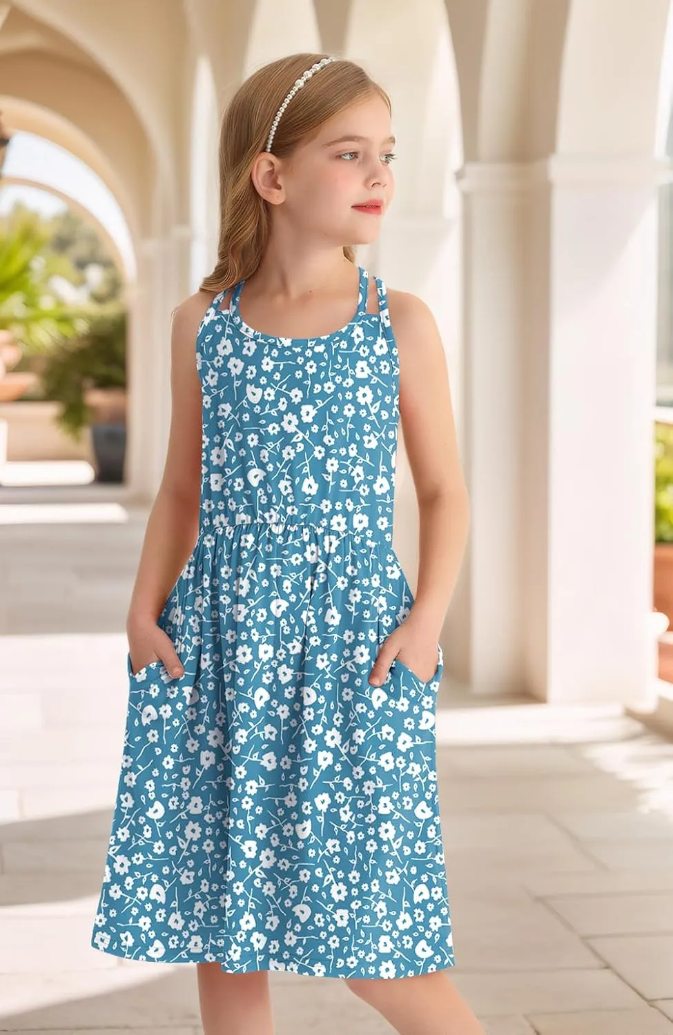 Girls Summer Casual Sleeveless Criss Cross Cami Dress 4th of July American Flag Midi Sundress with Pockets 4-14Y