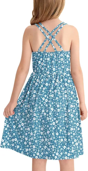 Girls Summer Casual Sleeveless Criss Cross Cami Dress 4th of July American Flag Midi Sundress with Pockets 4-14Y