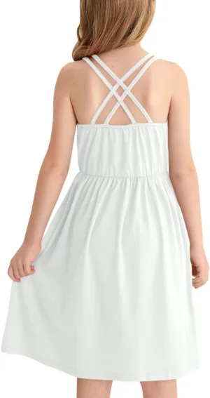 Girls Summer Casual Sleeveless Criss Cross Cami Dress 4th of July American Flag Midi Sundress with Pockets 4-14Y
