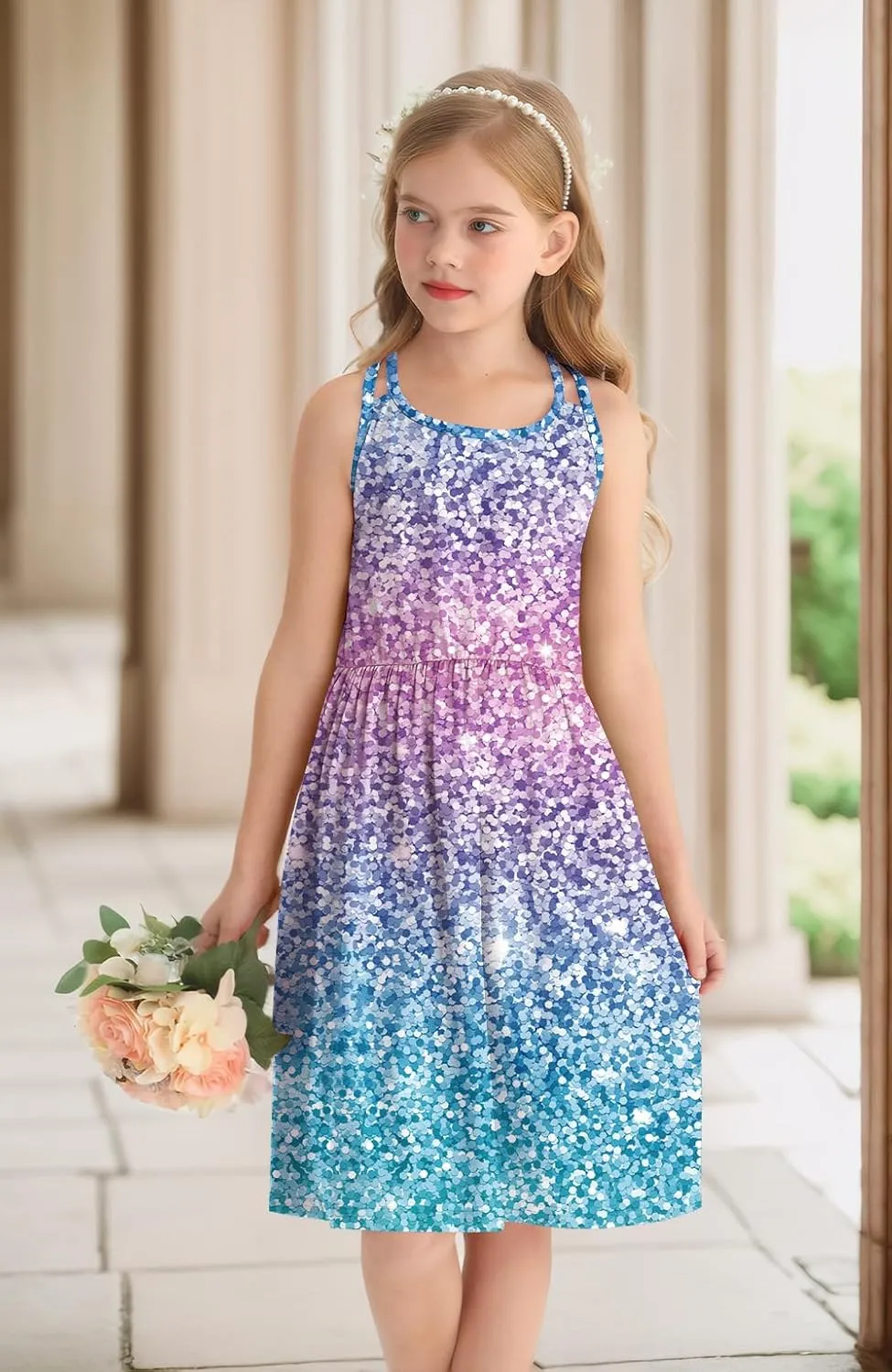 Girls Summer Casual Sleeveless Criss Cross Cami Dress 4th of July American Flag Midi Sundress with Pockets 4-14Y