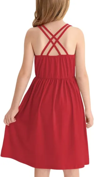 Girls Summer Casual Sleeveless Criss Cross Cami Dress 4th of July American Flag Midi Sundress with Pockets 4-14Y