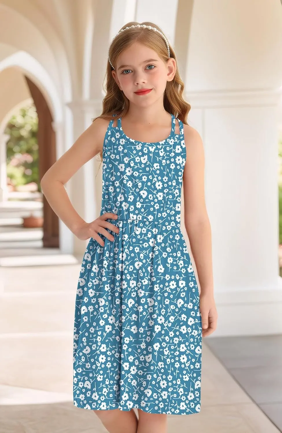 Girls Summer Casual Sleeveless Criss Cross Cami Dress 4th of July American Flag Midi Sundress with Pockets 4-14Y