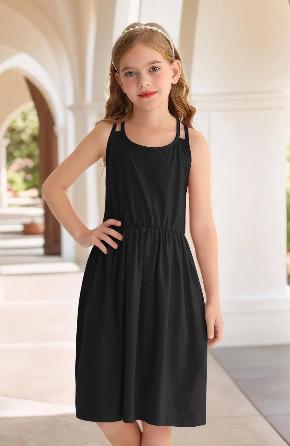 Girls Summer Casual Sleeveless Criss Cross Cami Dress 4th of July American Flag Midi Sundress with Pockets 4-14Y