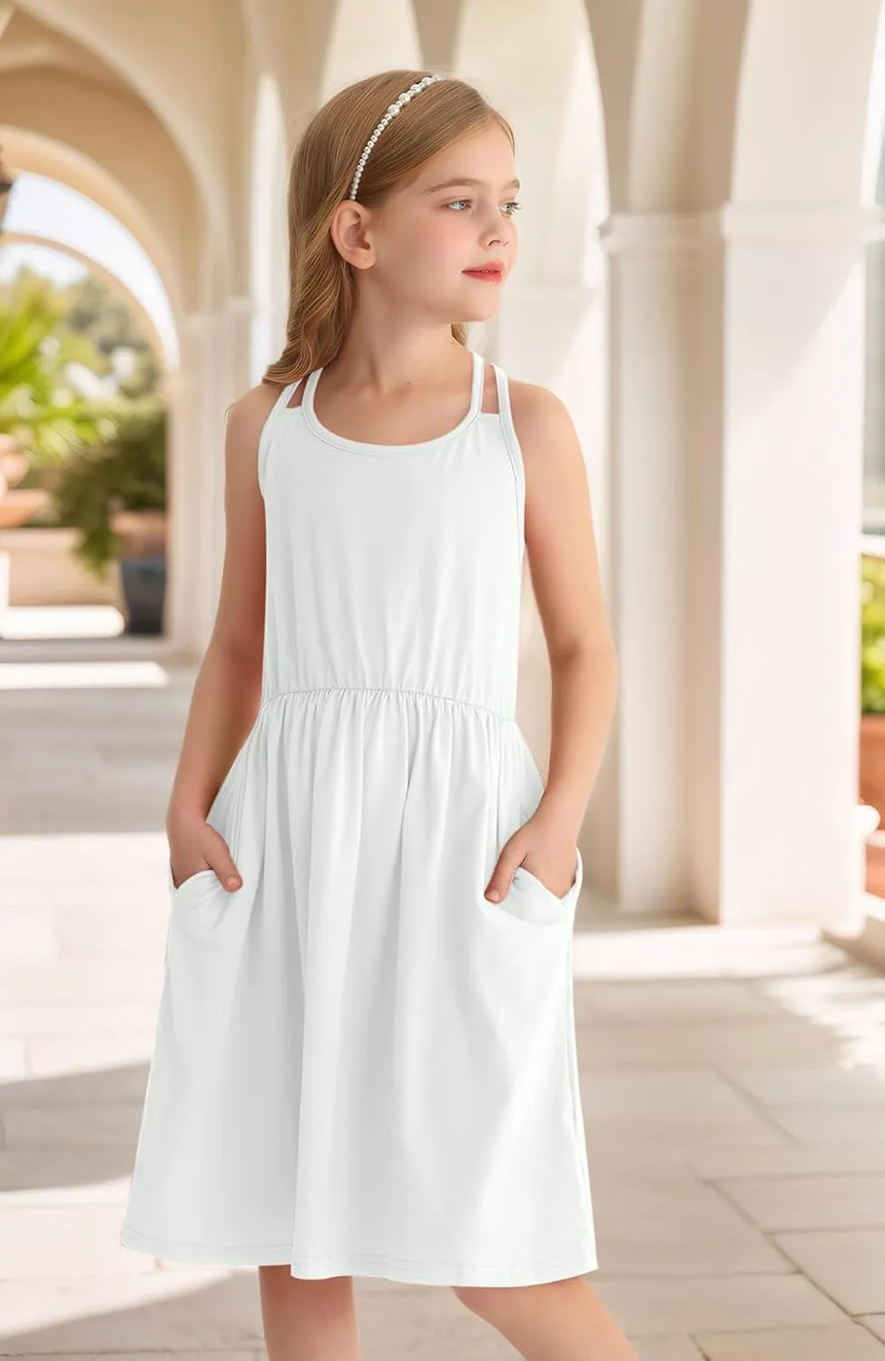Girls Summer Casual Sleeveless Criss Cross Cami Dress 4th of July American Flag Midi Sundress with Pockets 4-14Y