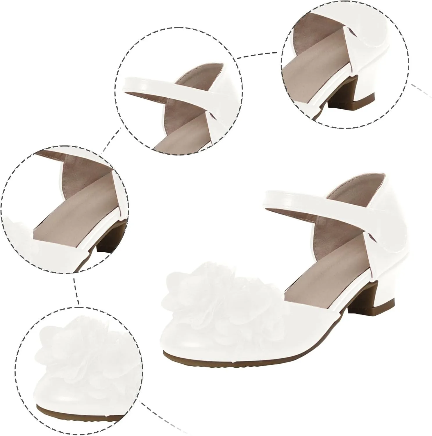 Girls White Dress Shoes Low Heel Shoes with Adjustable Strap Flower Party Wedding Prom Footwear for Toddler Kids Mary Jane Ballerina Close Toe Wedges with Arch Supports
