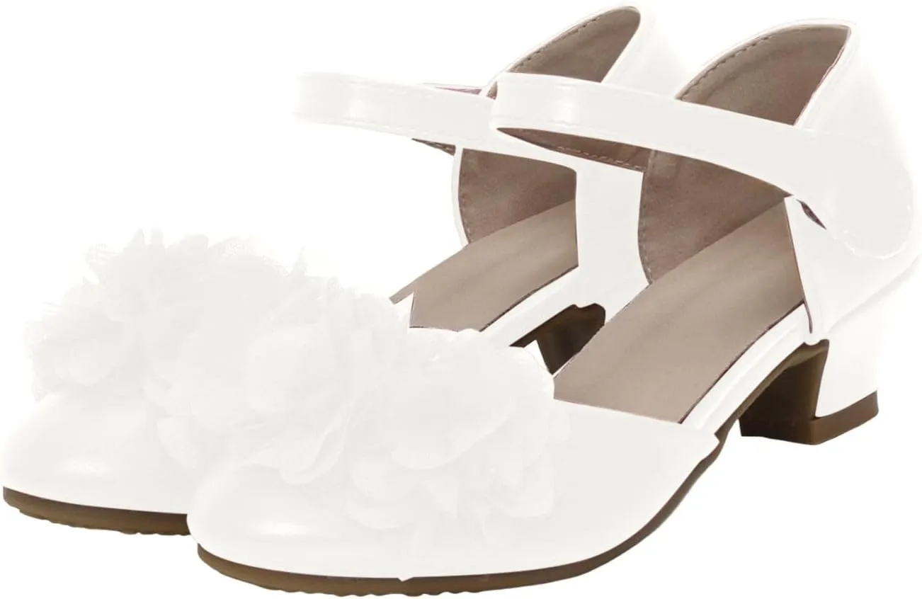 Girls White Dress Shoes Low Heel Shoes with Adjustable Strap Flower Party Wedding Prom Footwear for Toddler Kids Mary Jane Ballerina Close Toe Wedges with Arch Supports