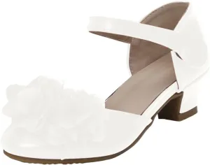 Girls White Dress Shoes Low Heel Shoes with Adjustable Strap Flower Party Wedding Prom Footwear for Toddler Kids Mary Jane Ballerina Close Toe Wedges with Arch Supports