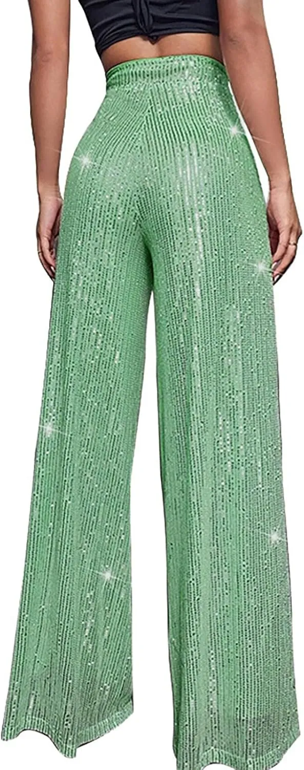 GOKKILRW Sequin Pant for Women Sparkly Glitter High Waist Wide Leg Slacks 70s Disco Party Night Club Trouser Shinny Buttoms