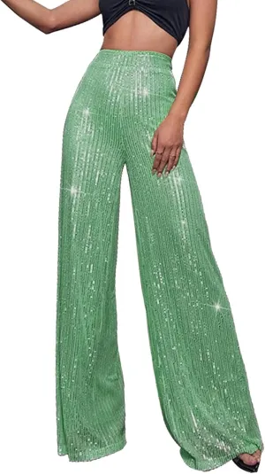 GOKKILRW Sequin Pant for Women Sparkly Glitter High Waist Wide Leg Slacks 70s Disco Party Night Club Trouser Shinny Buttoms