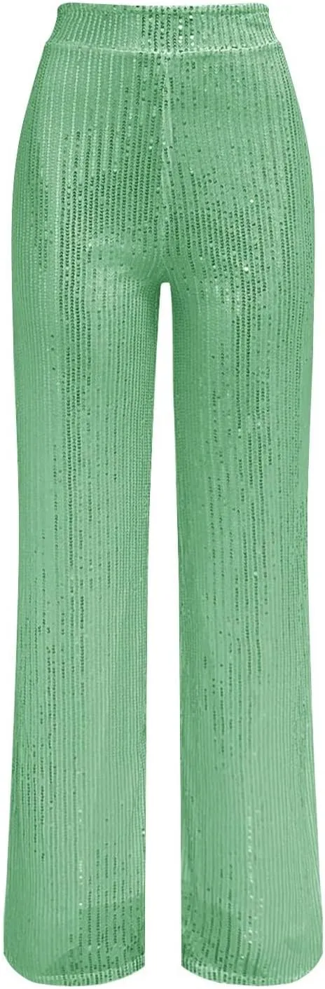 GOKKILRW Sequin Pant for Women Sparkly Glitter High Waist Wide Leg Slacks 70s Disco Party Night Club Trouser Shinny Buttoms