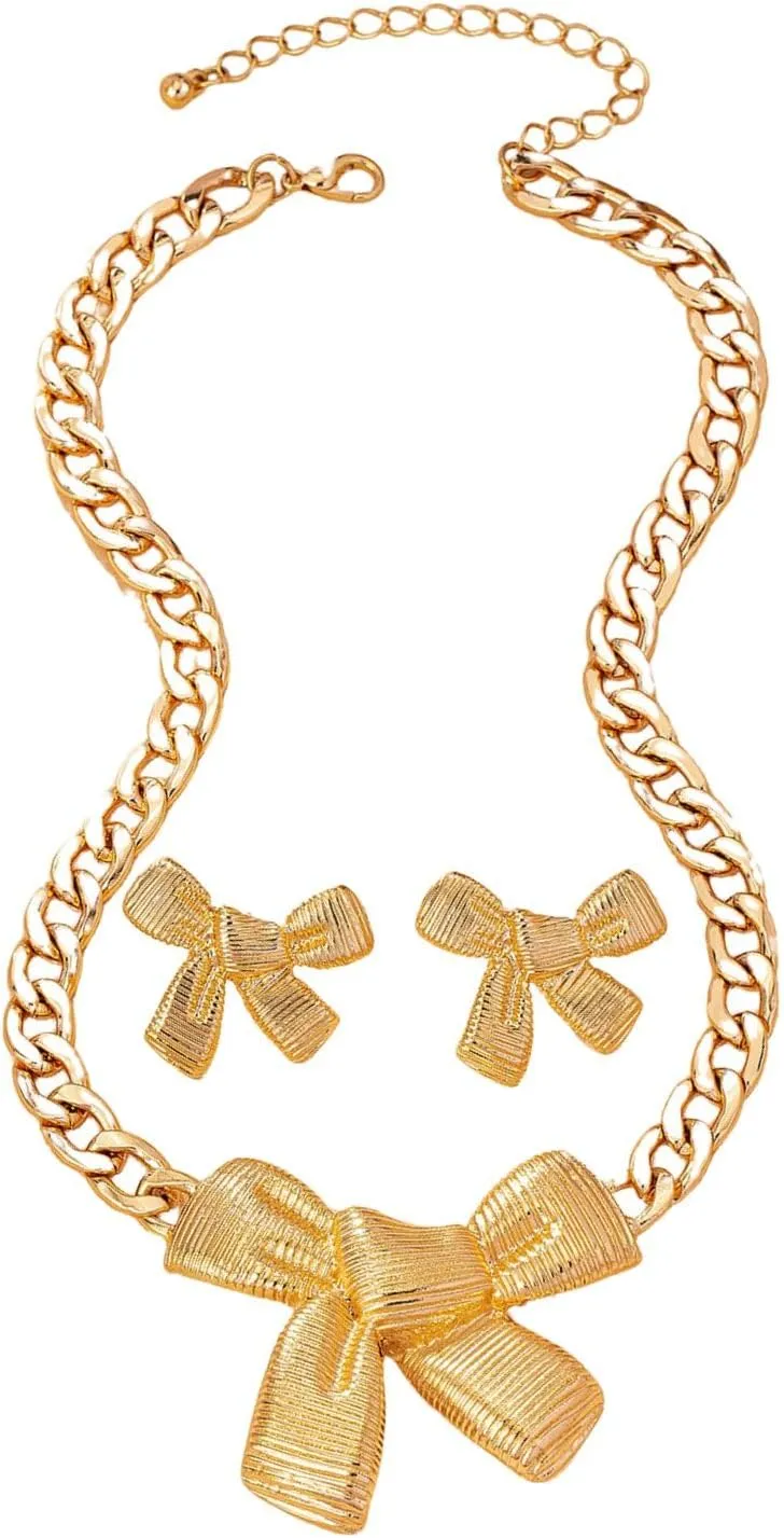 Gold Chunky Bow Jewelry Set for Women Cuban Chain Statement Choker Necklace Bow Stud Earrings Party Costume Jewelry