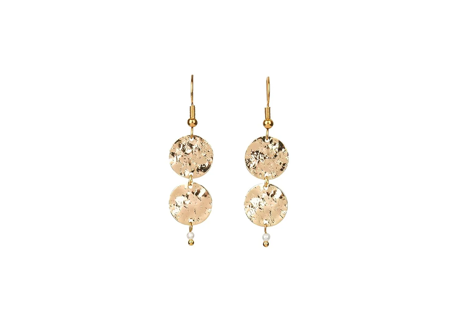 Gold Hammered Disk Drop Earrings Mini Baroque Pearls Minimalist Jewelry for Women