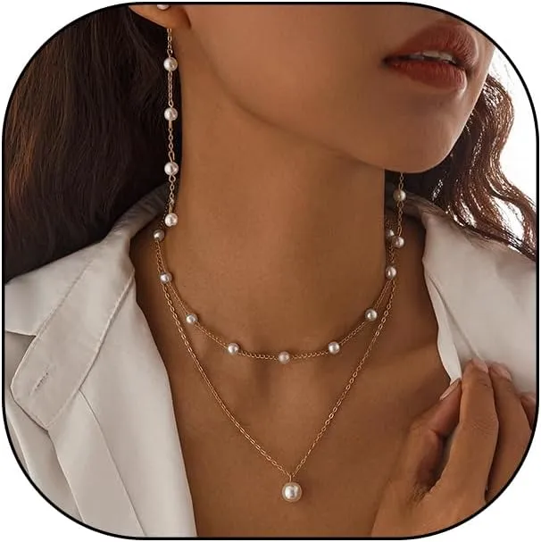Gold Pearl Chain Jewelry Set, Layered Baroque Freshwater Pearl Adjustable French Vintage Necklace Earrings Bracelet Set, Dainty Wedding Bridal Jewelry