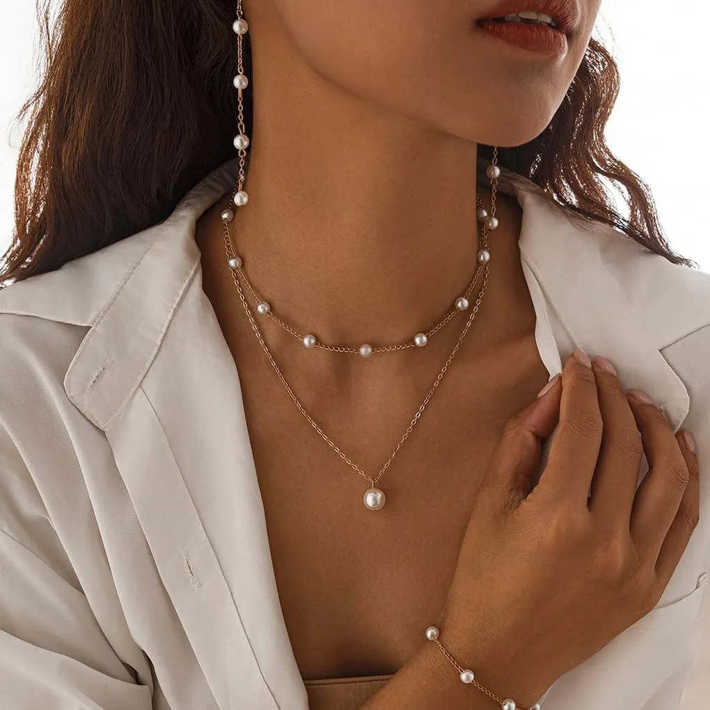 Gold Pearl Chain Jewelry Set, Layered Baroque Freshwater Pearl Adjustable French Vintage Necklace Earrings Bracelet Set, Dainty Wedding Bridal Jewelry