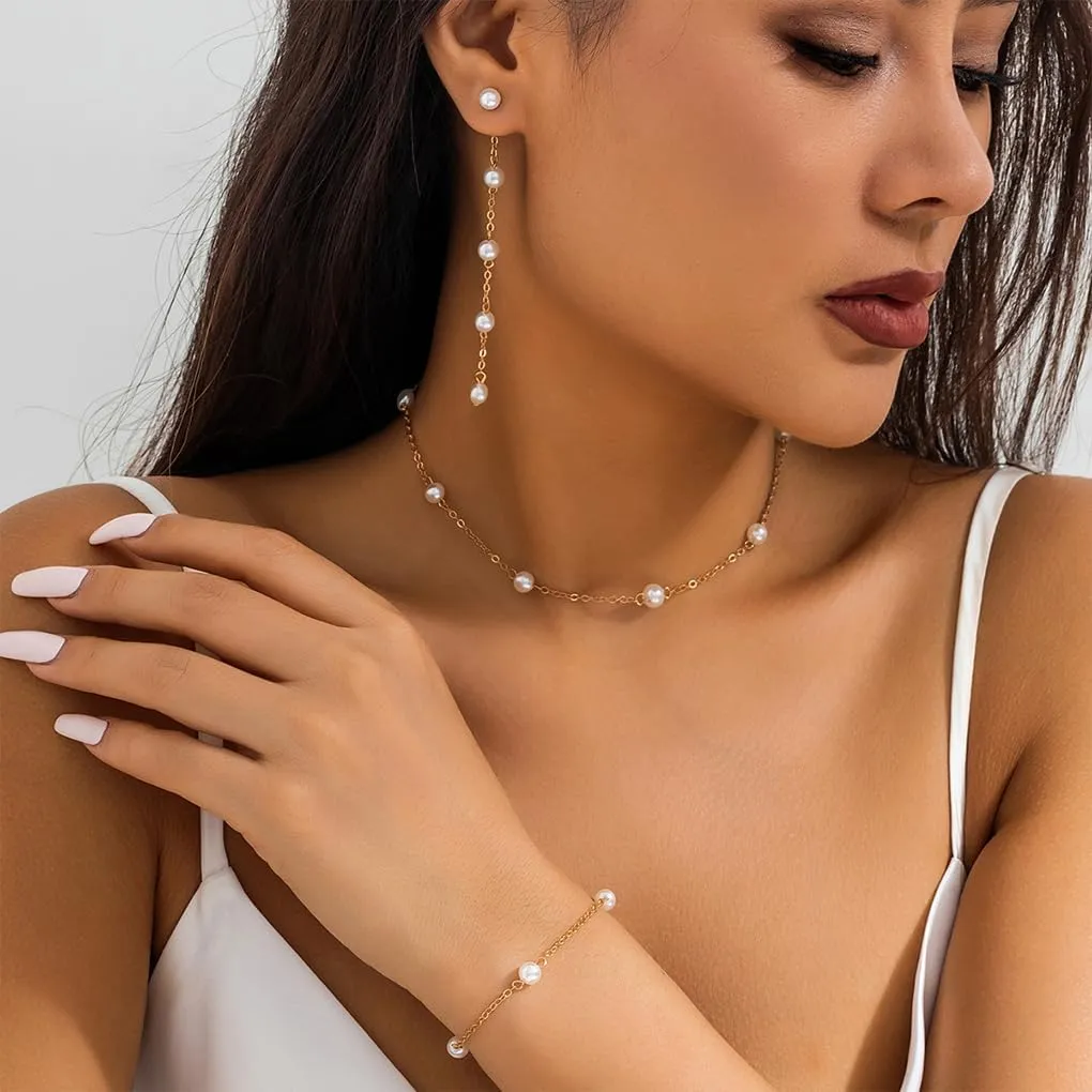 Gold Pearl Chain Jewelry Set, Layered Baroque Freshwater Pearl Adjustable French Vintage Necklace Earrings Bracelet Set, Dainty Wedding Bridal Jewelry