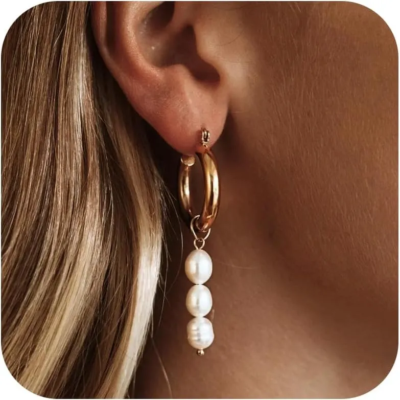 Gold Pearl Earrings for Women,Gold Hoop Earrings Dainty Pearl Drop Earrings 14k Gold Earrings with Pearl Huggie Earrings Simple Wedding Earrings for Brides Dangling Trendy Gold Jewelry Gifts